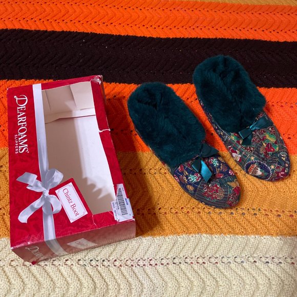 Christmas In the box 80s Sears green fur“Chintz” slipper boots with a nostalgic - Picture 2 of 13